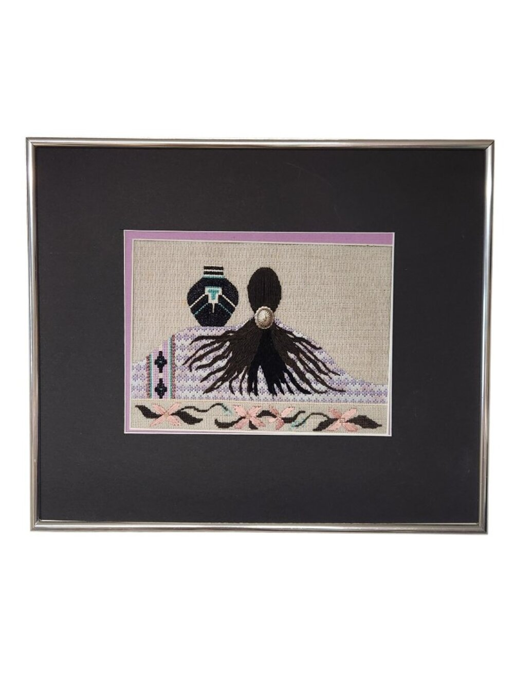 Southwestern Framed Fiber Art Embroidery 1995 Yarn Hair Concho Pot Native Style